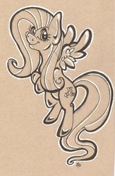 Size: 600x923 | Tagged: safe, artist:foxypickles, fluttershy, pony, g4, female, flying, monochrome, simple background, smiling, solo, traditional art