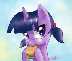 Size: 1192x999 | Tagged: safe, artist:soshyqqq, twilight sparkle, pony, unicorn, g4, burger, cute, female, filly, filly twilight sparkle, food, hay burger, pigtails, solo, that pony sure does love burgers, twiabetes, twilight burgkle, twintails, younger