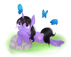Size: 1280x1024 | Tagged: safe, artist:nutty-stardragon, oc, oc only, oc:blossom star, butterfly, pony, unicorn, butterfly on horn, female, grass, horn, mare, prone, rock, simple background, smiling, transparent background