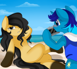 Size: 2445x2212 | Tagged: safe, artist:pridark, oc, oc only, oc:light shine, oc:terra, earth pony, pony, unicorn, beach, blushing, commission, duo, female, hair over one eye, high res, male, mare, oc x oc, pose, shipping, stallion, sultry pose, terright