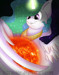 Size: 1024x1315 | Tagged: safe, artist:astralixie, princess celestia, alicorn, pony, g4, female, glowing horn, goddess, horn, hug, macro, magic, mare, momlestia, pony bigger than a planet, pony bigger than a star, smiling, solo, stars, tangible heavenly object, winghug