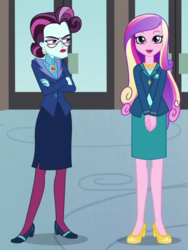 Size: 471x626 | Tagged: safe, screencap, dean cadance, princess cadance, principal abacus cinch, equestria girls, g4, my little pony equestria girls: friendship games, cropped, crossed arms, doors, glasses, high heels, looking at you
