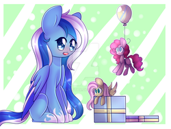Size: 1024x768 | Tagged: safe, artist:twily-star, fluttershy, pinkie pie, oc, oc:elina frozen, pegasus, pony, g4, balloon, colored wings, female, floating, mare, multicolored wings, plushie, present, sitting, solo, then watch her balloons lift her up to the sky, watermark