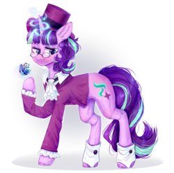 Size: 1479x1470 | Tagged: safe, artist:flinrich, snowfall frost, starlight glimmer, pony, unicorn, a hearth's warming tail, g4, clothes, cufflinks, cuffs (clothes), female, glowing horn, hat, horn, magic, mare, simple background, solo, telekinesis, top hat, transparent background