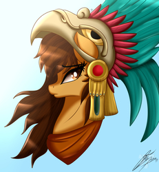 Size: 2350x2546 | Tagged: safe, artist:nexcoyotlgt, oc, oc only, oc:maría teresa de los ponyos paguetti, eagle, pony, aztec, beak, bust, feather, female, headdress, helmet, high res, looking back, mare, mexican, mexico, ponified, simple background, solo, traditional art