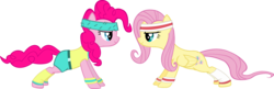 Size: 6224x2023 | Tagged: safe, artist:ironm17, fluttershy, pinkie pie, pony, g4, clothes, headband, high res, leg warmers, push-ups, shorts, simple background, sweatband, tank top, transparent background, vector, workout, workout outfit