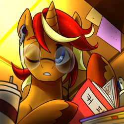 Size: 1500x1500 | Tagged: safe, artist:renokim, oc, oc only, oc:city roast, pony, book, cup, drink, earbuds, glasses, hoof hold, korean, one eye closed, post-it, reading, solo, straw