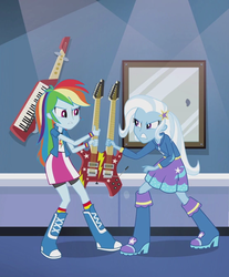 Size: 558x674 | Tagged: safe, screencap, rainbow dash, trixie, equestria girls, g4, guitar centered, rainbow rocks, angry, boots, bracelet, clothes, compression shorts, cropped, double neck guitar, electric guitar, female, guitar, high heel boots, hoodie, jacket, jewelry, keytar, musical instrument, skirt, socks, wristband