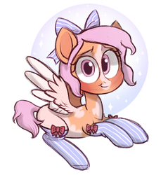 Size: 473x495 | Tagged: safe, artist:kapusha-blr, oc, oc only, pegasus, pony, bow, clothes, coat markings, hair bow, pinto, smiling, solo, stockings, thigh highs