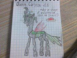 Size: 2048x1536 | Tagged: safe, artist:watermelon changeling, derpibooru exclusive, oc, oc only, oc:corteza, changeling, changeling queen, changeling loves watermelon, changeling oc, changeling queen oc, female, food, graph paper, open mouth, solo, traditional art, watermelon