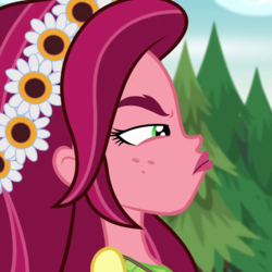 Size: 720x720 | Tagged: safe, screencap, gloriosa daisy, equestria girls, g4, my little pony equestria girls: legend of everfree, cropped, female, flower, flower in hair, glare, solo, tree