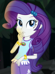 Size: 540x720 | Tagged: safe, screencap, rarity, equestria girls, g4, my little pony equestria girls: legend of everfree, bracelet, camp everfree logo, camp everfree outfits, clothes, cropped, cute, female, hand on mouth, jewelry, looking at you, raribetes, shorts, solo