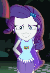 Size: 440x640 | Tagged: safe, screencap, rarity, sci-twi, twilight sparkle, equestria girls, g4, my little pony equestria girls: legend of everfree, animated, camp everfree outfits, clothes, cropped, female, gif, hands behind back, looking at you, loop, nodding, offscreen character, sheepish grin, shorts