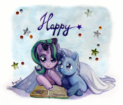 Size: 1280x1088 | Tagged: safe, artist:sapraitlond, starlight glimmer, trixie, pony, unicorn, g4, blanket, book, female, lesbian, mare, ship:startrix, shipping, traditional art