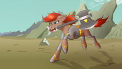 Size: 1024x576 | Tagged: safe, artist:mandydax, artist:nivimonster, oc, oc only, pony, armor, axe, battle axe, mouth hold, running, scenery, solo, warrior, weapon