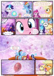 Size: 3500x4950 | Tagged: safe, artist:light262, artist:lummh, applejack, discord, fluttershy, pinkie pie, rainbow dash, rarity, trixie, twilight sparkle, alicorn, pony, comic:timey wimey, g4, absurd resolution, balloon, comic, dialogue, mane six, speech bubble, trixie is not amused, twilight sparkle (alicorn), unamused