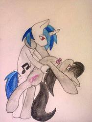 Size: 480x640 | Tagged: safe, artist:pinkcloudhugger, dj pon-3, octavia melody, vinyl scratch, earth pony, pony, unicorn, g4, bipedal, dancing, dipping, duo, female, lesbian, ship:scratchtavia, shipping, traditional art