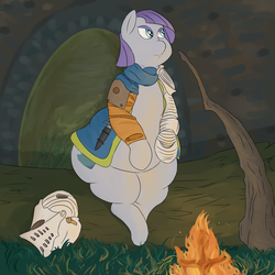 Size: 2500x2500 | Tagged: safe, artist:lupin quill, maud pie, earth pony, pony, g4, armor, belly, bonfire, chubby, crossover, dark souls, fat, female, fire, high res, mare, maud pudge, sitting, solo, thunder thighs, video game crossover, weapon