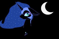 Size: 952x637 | Tagged: safe, artist:pinkcloudhugger, nightmare moon, pony, g4, black background, bust, crescent moon, female, floppy ears, moon, simple background, solo