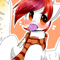Size: 1024x1024 | Tagged: safe, artist:cupofvanillatea, oc, oc only, pegasus, pony, blushing, candy, clothes, food, lollipop, mouth hold, scarf, solo