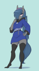 Size: 1481x2710 | Tagged: safe, artist:skecchiart, oc, oc only, oc:river rhythm, bat pony, anthro, plantigrade anthro, big breasts, breasts, clothes, female, hair over one eye, hairband, looking at you, mare, robe, socks, solo, thigh highs, vaguely asian robe