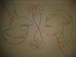 Size: 640x480 | Tagged: safe, artist:pinkcloudhugger, aloe, lotus blossom, earth pony, pony, g4, bust, duo, eyes closed, floppy ears, traditional art, twins