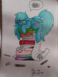Size: 600x800 | Tagged: safe, artist:pinkcloudhugger, oc, oc only, oc:candy cloud, pony, book, traditional art