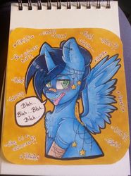 Size: 1072x1440 | Tagged: safe, artist:pinkcloudhugger, oc, oc only, oc:seiko, alicorn, pony, alicorn oc, bust, chest fluff, dialogue, ear piercing, patch, piercing, solo, speech bubble, stars, traditional art
