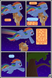Size: 3254x4837 | Tagged: safe, artist:gutovi, applejack, rainbow dash, pony, comic:why me!?, g4, angry, bad pun, comic, confused, eyes closed, falling, flying, high res, looking down, night, pun, rainbow, tree, yelling