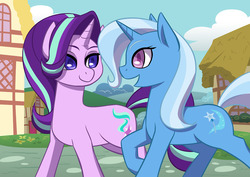 Size: 1280x905 | Tagged: safe, artist:robbiecave, starlight glimmer, trixie, pony, unicorn, g4, colored pupils, duo, female, lesbian, looking at each other, mare, open mouth, ponyville, ship:startrix, shipping, smiling