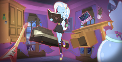 Size: 9229x4677 | Tagged: safe, artist:invisibleink, trixie, fish, equestria girls, g4, magic duel, absurd resolution, alicorn amulet, bed, bedroom, computer, converse, curtains, female, flying v, guitar, laptop computer, levitation, magic, magic book, musical instrument, night, shoes, show accurate, solo, spell, telekinesis