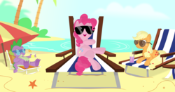 Size: 3545x1860 | Tagged: safe, artist:porygon2z, applejack, pinkie pie, spike, dragon, earth pony, pony, starfish, g4, beach, beach chair, chair, chillaxing, drink, female, glass, glasses, lounging, male, mare, ocean, palm tree, sunglasses, tree, water
