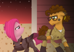 Size: 1750x1225 | Tagged: safe, artist:crazynutbob, cheese sandwich, pinkie pie, pony, g4, alternate timeline, apinkalypse pie, clothes, crystal war timeline, female, glasses, goodbye, jumpsuit, longing, male, parting, pinkamena diane pie, red sky, ship:cheesepie, shipping, stain, stars, straight, underhoof