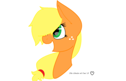 Size: 1252x803 | Tagged: safe, artist:pinkcloudhugger, applejack, earth pony, pony, g4, bust, female, mare, simple background, smiling, solo, white background