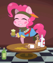 Size: 500x593 | Tagged: safe, artist:omegaozone, pinkie pie, earth pony, pony, g4, animated, clothes, cute, dancing, diapinkes, drunk, eyes closed, female, frame by frame, gif, loop, perfect loop, roleponies, solo, table, tavern