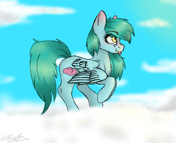 Size: 991x807 | Tagged: safe, artist:pinkcloudhugger, oc, oc only, oc:candy cloud, pegasus, pony, :p, cloud, female, lip piercing, mare, piercing, sky, solo, tongue out