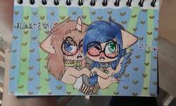 Size: 1196x720 | Tagged: safe, artist:pinkcloudhugger, oc, oc only, oc:bulka, oc:roue, pegasus, pony, unicorn, blushing, chinese, glasses, heart, pencil drawing, traditional art