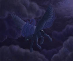 Size: 3000x2500 | Tagged: safe, artist:luvvandra, princess luna, alicorn, pony, g4, cloud, cloudy, dark, female, floppy ears, flying, high res, night, solo, unshorn fetlocks