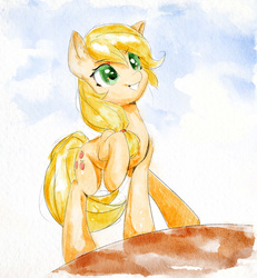 Size: 829x897 | Tagged: safe, artist:mirroredsea, applejack, earth pony, pony, g4, blonde, cute, female, green eyes, grin, happy, hatless, jackabetes, mare, missing accessory, raised hoof, smiling, solo, traditional art, watercolor painting