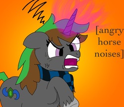 Size: 1050x909 | Tagged: safe, artist:emerald_glow, oc, oc only, pony, unicorn, angry horse noises, clothes, descriptive noise, digital, glowing horn, horn, horse noises, magic, scarf, simple background, solo