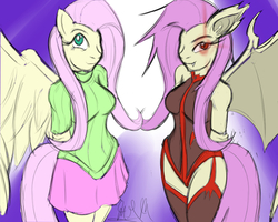 Size: 900x720 | Tagged: safe, artist:project00wolfen, fluttershy, bat pony, pegasus, anthro, g4, arm behind back, breasts, clothes, colored pupils, duality, duo, fangs, female, flutterbat, garter belt, leotard, looking at you, mare, moon, race swap, skirt, slit pupils, smiling, socks, stockings, sweater, sweatershy, thigh highs