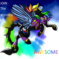 Size: 1024x1024 | Tagged: safe, artist:brainiac, rainbow dash, pegasus, pony, fallout equestria, g4, abstract background, armor, clothes, cloud, costume, enclave armor, fanfic, fanfic art, female, floppy ears, hooves, mare, ministry mares, ministry of awesome, power armor, scorpion tail, shadowbolt armor, shadowbolt dash, shadowbolts, shadowbolts costume, shadowbolts power armor, solo, sonic rainboom, text, wings