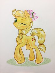 Size: 1024x1365 | Tagged: safe, artist:grokostimpy, applejack, pony, g4, female, flower, flower in hair, hatless, looking at you, mare, missing accessory, one eye closed, raised hoof, smiling, solo, traditional art, wink