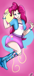 Size: 1000x2245 | Tagged: safe, artist:liniitadash23, pinkie pie, equestria girls, g4, boots, bracelet, clothes, cute, cutie mark background, diapinkes, female, high heel boots, human coloration, looking at you, peace sign, skirt, solo
