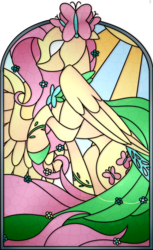 Size: 2393x3917 | Tagged: safe, artist:scarlet-spectrum, fluttershy, pegasus, pony, g4, clothes, dress, female, gala dress, high res, mare, solo, stained glass