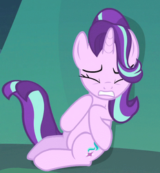 Size: 605x652 | Tagged: safe, screencap, starlight glimmer, pony, unicorn, g4, to where and back again, against wall, cropped, eyes closed, female, mare, scared, solo