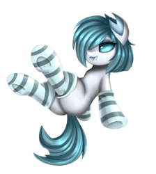 Size: 2550x2850 | Tagged: safe, artist:pridark, oc, oc only, oc:freyja, changedling, changeling, butt, clothes, commission, female, high res, holeless, ice changeling, one eye closed, plot, simple background, smiling, socks, solo, stockings, striped socks, thigh highs, tongue out, transparent background, wink, ych result