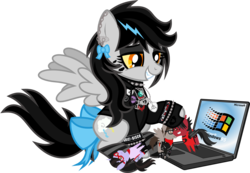 Size: 1358x938 | Tagged: safe, artist:lightningbolt, derpibooru exclusive, oc, oc only, oc:lightning dee, bat pony, pegasus, pony, unicorn, g4, .svg available, bow, brendon urie, button, choker, clandestine industries, clothes, cobra starship, colored sclera, computer, death spells, diamond, dyed mane, ear piercing, earring, emo, eyeliner, eyeshadow, face paint, fall out boy, fangs, female, figure, fingerless gloves, frnkiero andthe cellabration, glasses, gloves, grin, hair bow, hoodie, hoof hold, implied gay, implied shipping, jewelry, laptop computer, leathermøuth, lidded eyes, long mane, looking down, makeup, mare, messy mane, microsoft windows, mikey way, minecraft, my chemical romance, necklace, open mouth, panic! at the disco, pete wentz, piercing, pin, playing, pointy ponies, ponified, raised hoof, ribbon, shipper on deck, shirt, shoes, show accurate, simple background, sitting, smiling, socks, solo, spiked choker, spiked wristband, spread wings, striped socks, svg, tail bow, toy, transparent background, undershirt, vector, windows 95, wings, wristband, yellow sclera, zipper