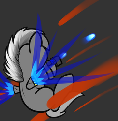 Size: 776x794 | Tagged: safe, artist:neuro, oc, oc only, cyborg, pegasus, pony, robot, robot pony, flying, gray background, gun, laser, simple background, solo, weapon