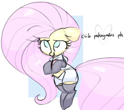 Size: 1589x1418 | Tagged: safe, artist:hattsy, fluttershy, pony, g4, boots, clothes, cosplay, costume, cute, dialogue, drawthread, female, gloves, pokémon, shirt, shyabetes, skirt, smiling, solo, team rocket, thigh boots